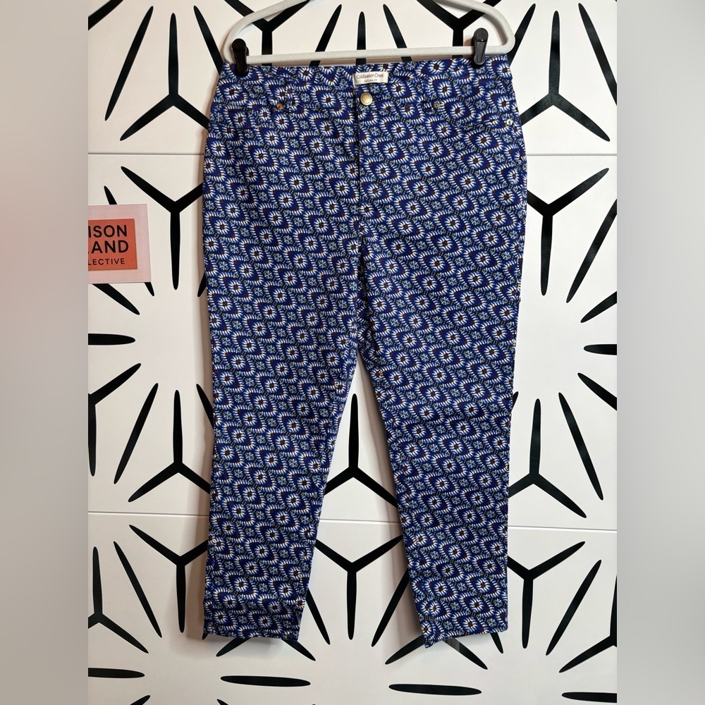 Coldwater Creek Blue Geometric Pants – Natural Fit – Tapered Leg – Size 14